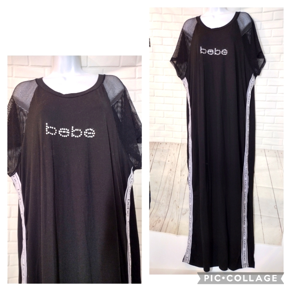 Bebe Long Black Rhinestone Logo Mesh Sleeve Maxi Lounge Dress